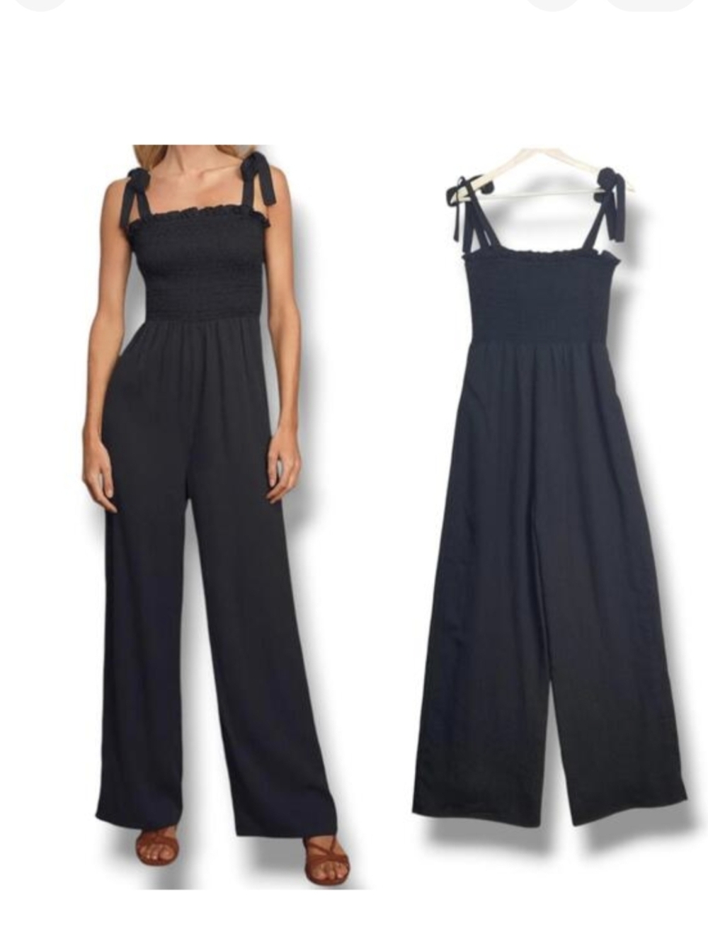 Lulus Fond Of You Tie-Strap Smocked Wide Leg Jumpsuit Womens Medium Black‎